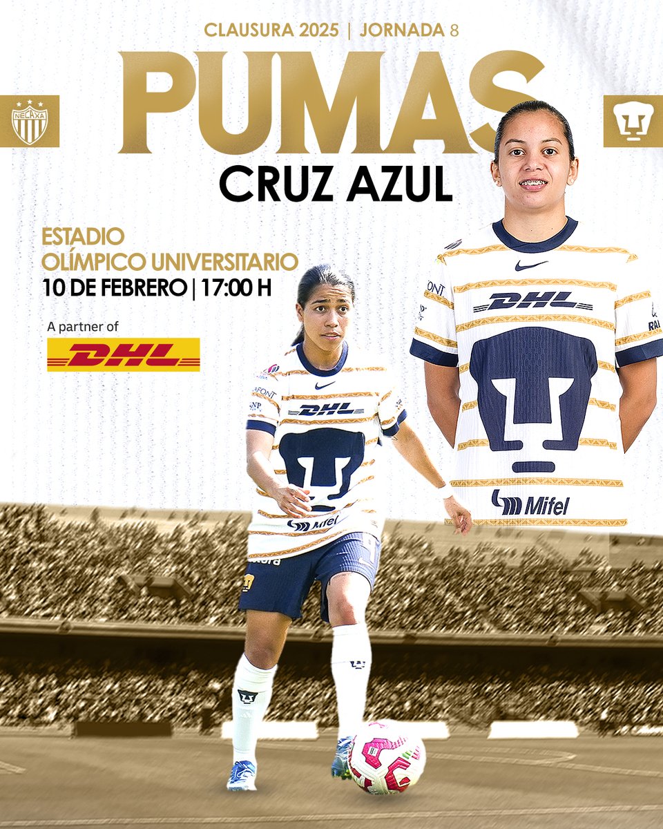 PumasMXFemenil's tweet photo. Este lunes seremos testigos de un partido imperdible lleno de #GarraYEntrega 🆚 la máquina 🚂🏟️

@DHLMex  te trae la información de este partido 📦

🆚-Cruz Azul
🗓️-10 de Febrero
⌚️-17:00 hrs
🏟️-E.O.U
🖥️-Vix / Canales oficiales de la @LigaBBVAFemenil 

#DePumasSoy #OhUniversidad https://t.co/1SxI0tHUvu