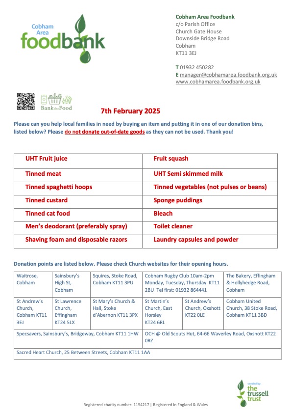 Let's fight hunger together! Cobham Area Foodbank is currently low on these items. Every can, packet, &amp; donation counts. Drop off your contributions at our collection points across Cobham &amp; nearby communities. See our website cobhamarea.foodbank.org.uk/give-help/dona…  for locations. Thank you 🙏