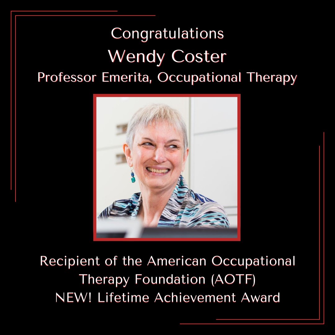 Sargent College, Boston University (@busargent) on Twitter photo Congratulations to <a href="/BUSargent/">Sargent College, Boston University</a> Professor Emerita Wendy Coster for her NEW! Lifetime Achievement Award from <a href="/AOTFoundation/">AOTFoundation</a>! This award honors individuals who have significantly impacted occupational therapy research and made major contributions to AOTF. 🌟🌟 Congratulations to <a href="/BUSargent/">Sargent College, Boston University</a> Professor Emerita Wendy Coster for her NEW! Lifetime Achievement Award from <a href="/AOTFoundation/">AOTFoundation</a>! This award honors individuals who have significantly impacted occupational therapy research and made major contributions to AOTF. 🌟🌟