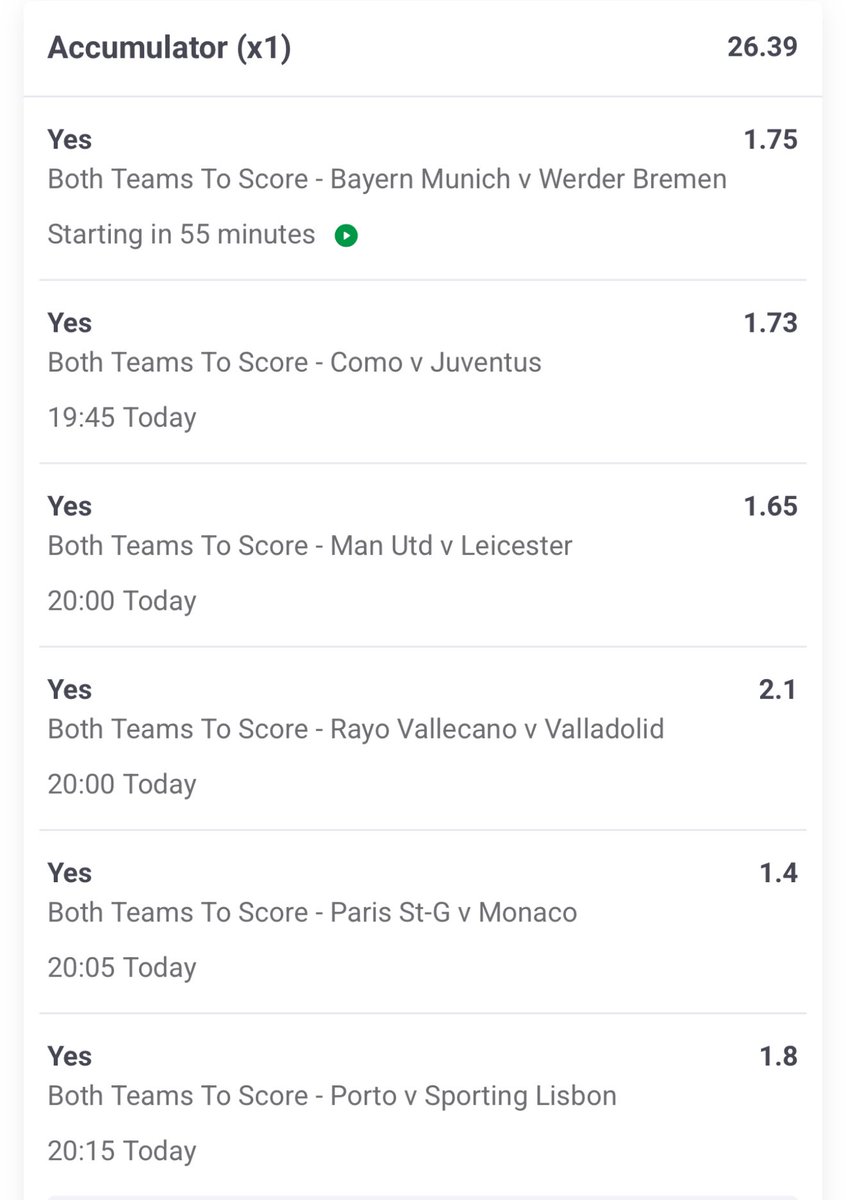 BTTS Acc

Odds: 26.39