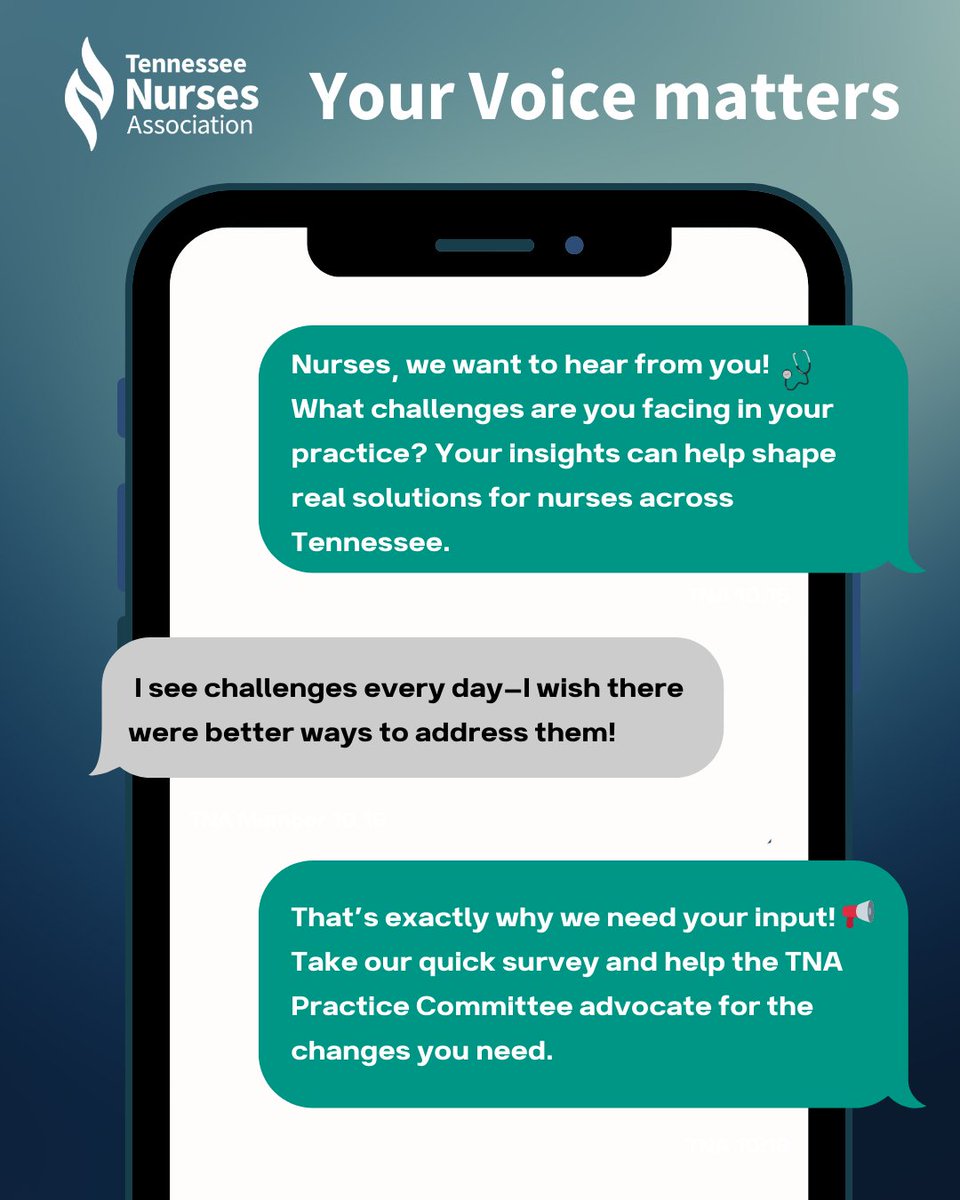 Your voice matters! The TNA Practice Committee is seeking your input and we'd like you to take this nursing practice survey to share the challenges you face and propose solutions. Your input will help TNA better serve the needs of nurses across the state. bit.ly/3QaKuAM