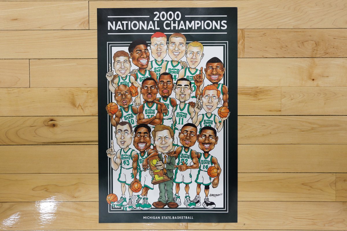 parkerandtheman's tweet photo. 25 year anniversary celebration of #MSU 2000 #NCAA title over Florida happens tomorrow @ Breslin. #0regon in town for the noon tip. And FREE P0STER! Designed by Adam Ballinger, who played 37 games for Izzo as a redshirt frosh. Nice artist work A.B. ! Get there early for it. #B1G https://t.co/TdH9HiFEQp