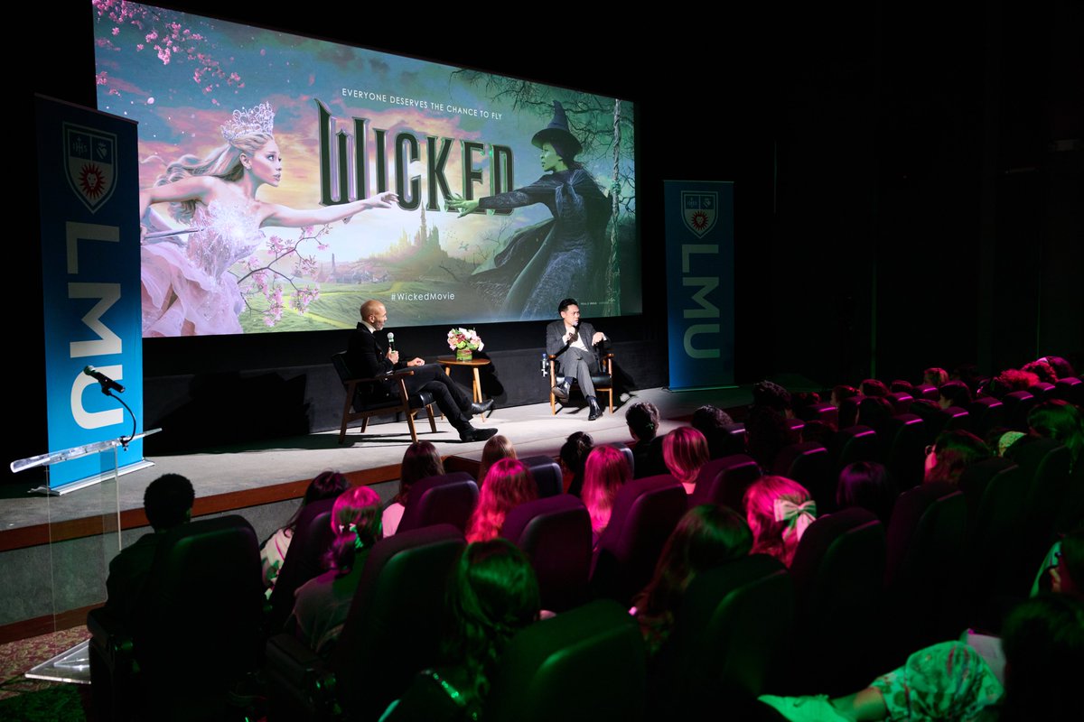 LoyolaMarymount's tweet photo. Last night @wickedmovie director Jon M. Chu sat down with LMU alum and Good Day LA anchor Melvin Robert for a magical Q &amp; A session with LMU Lions at @LMUsftv  🪄🦁🎵 https://t.co/JeKPD0qvLH