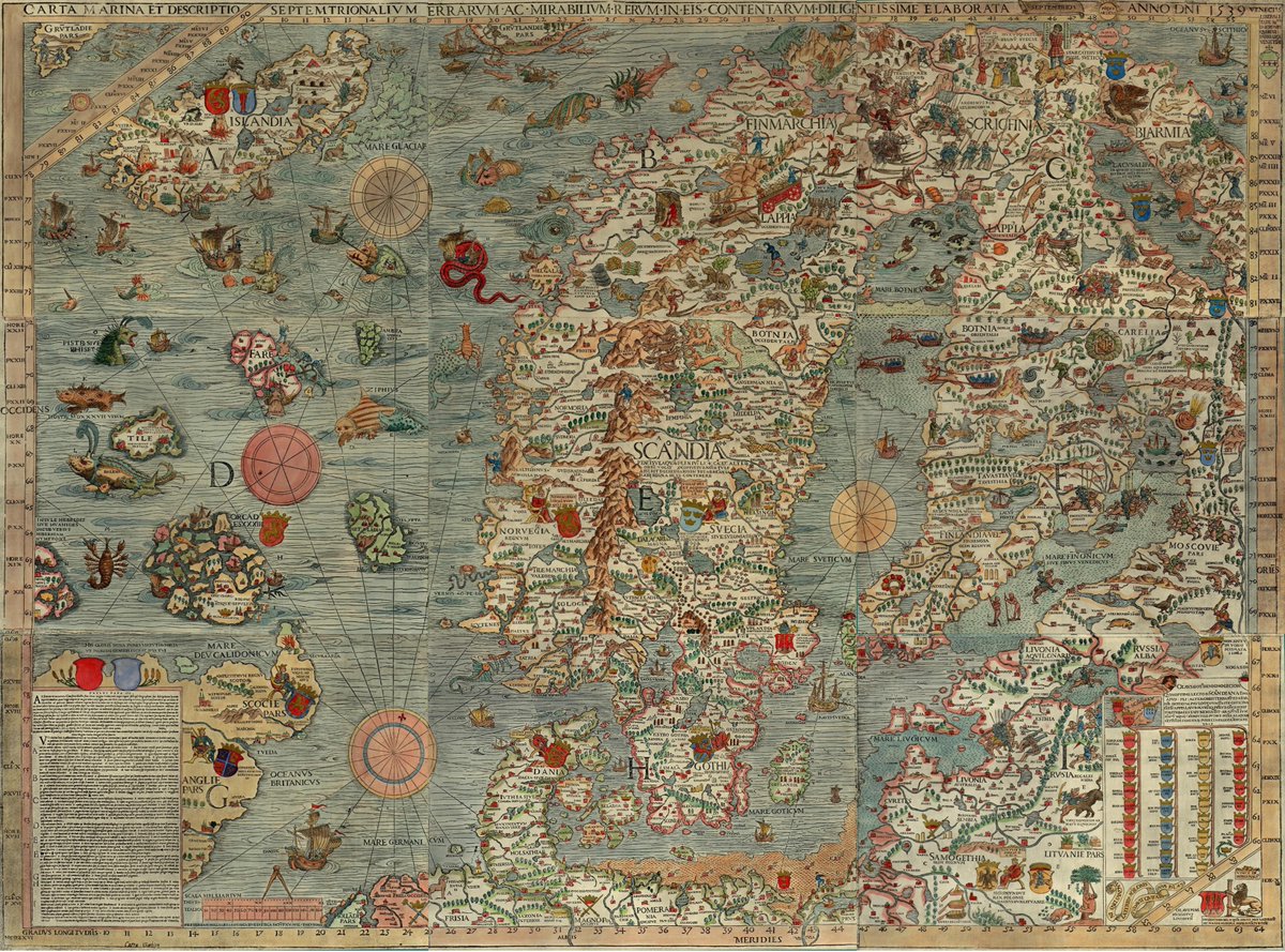 JamesLucasIT's tweet image. 6. The Carta Marina (1539)

A masterpiece of Scandinavian cartography, Olaus Magnus filled this map with sea monsters, Viking ships, and polar bears.