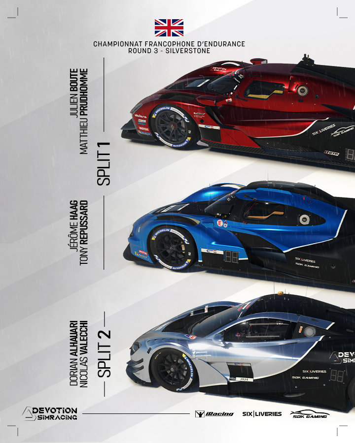 CFE - ROUND 3
Direction la Grande Bretagne et son légendaire circuit de Silverstone pour la 3ème manche du Championnat Francophone d'Endurance. Epreuve de 6 heures dont la météo prévois d'être compliquée.
Bonne chance à tous !
