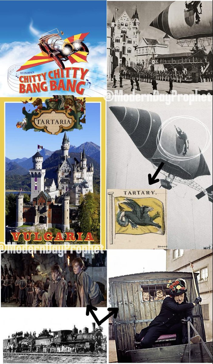 PageTurner2020's tweet photo. Tartaria V Chitty Chitty bang bang 

So many similarities in this film it’s uncanny..

A zeppelin for starters..

The Tartarian flag on the zeppelin they use in the film..

The Same Tartarain Architecture you see around the world in the film..

The child snatcher resembles all the children that got taken on the orphan train during the reset..

Flying cars and inventions like the tartarian technology we see..

Hidden in plain sight

Leviticus Mdp