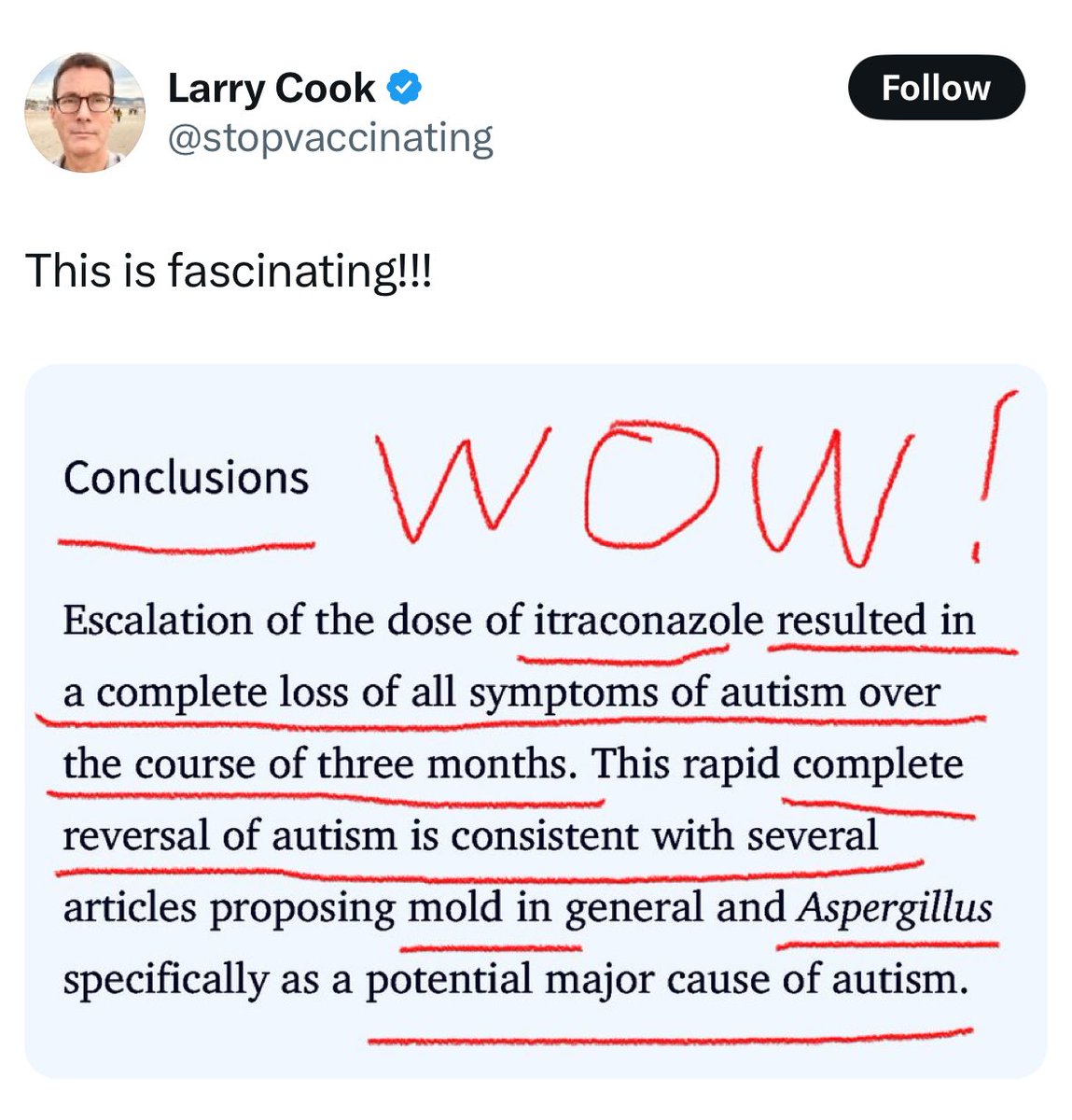This gets crazier 

I'm am literally an expert in fungal infection 

Fungal infection does NOT cause autism 

Please do not use antifungal drugs to treat autism - this is insane and will just cause antifungal drug resistance