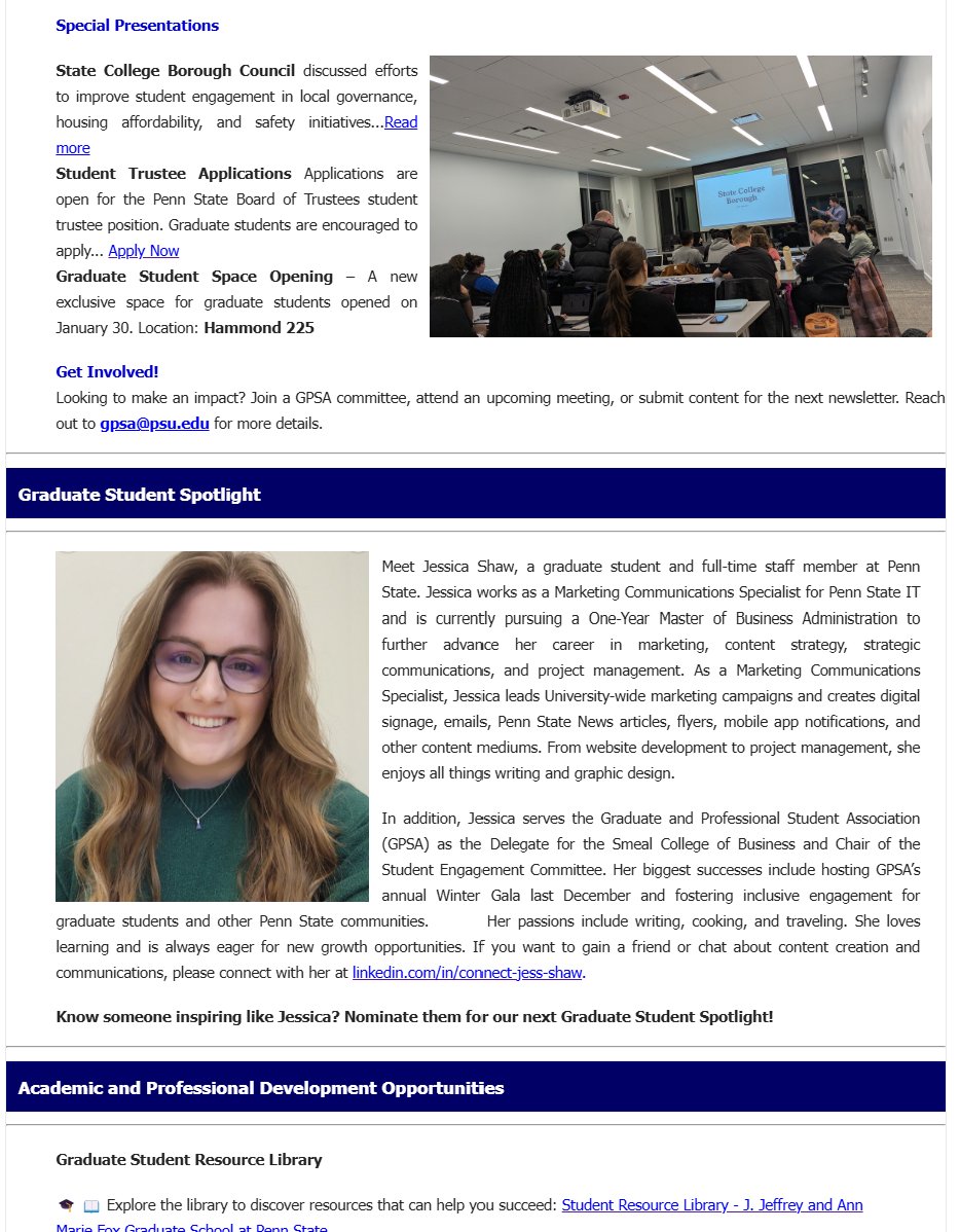 The latest issue of the GPSA newsletter went out this Monday! 📢✨

Missed it? Stay in the loop by joining our mailing list: forms.office.com/r/QN9J0Et8WJ 💌 #GPSA #StayInformed #PennState