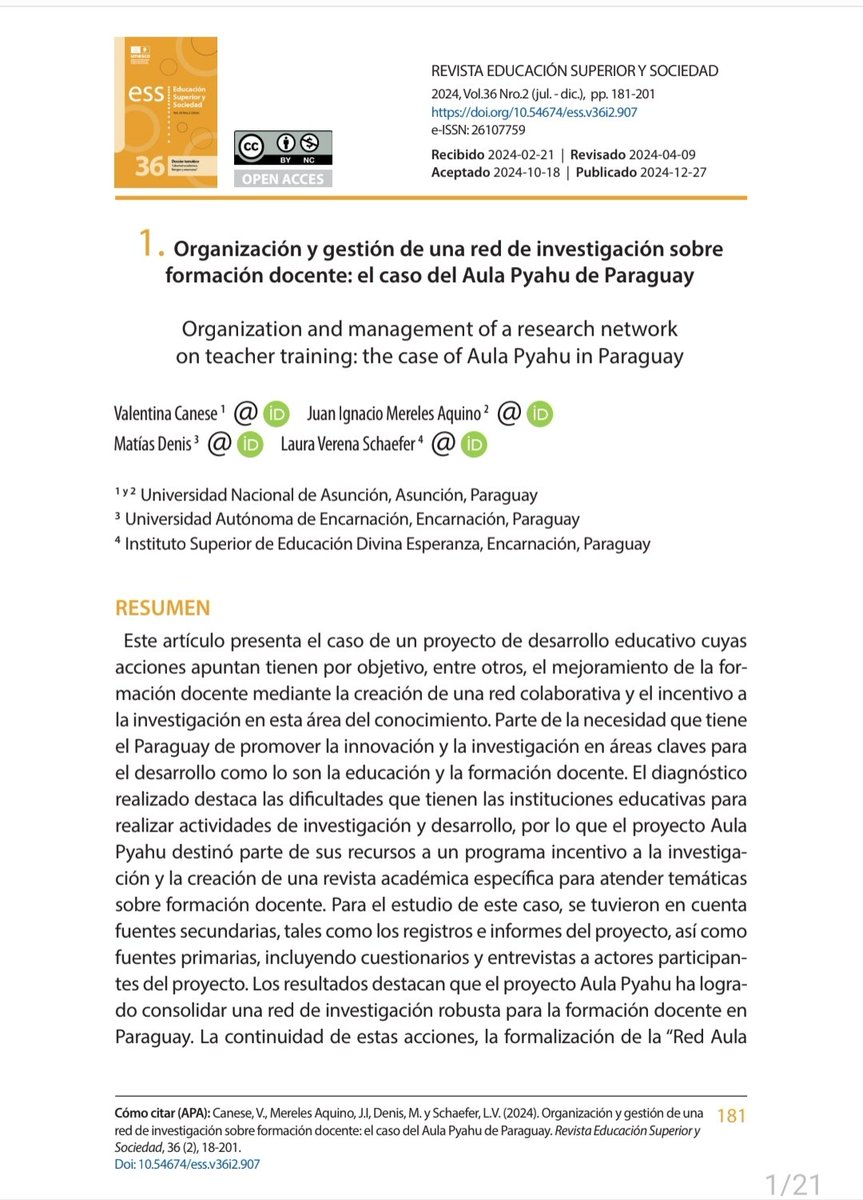En conjunto con <a href="/vere_sch/">Verena Schaefer</a>, Valentina Canese y Juan Mereles, 4 investigadores del <a href="/conacytparaguay/">Conacyt Paraguay</a>, de 2 universidades locales, la <a href="/UNAE_Enc/">UNAE</a> y la <a href="/una_py/">Universidad Nacional de Asunción</a>, y con motivo del proyecto Aula Pyahu financiado por la <a href="/UEenParaguay/">UE en Paraguay</a> con el apoyo del <a href="/MECpy/">MECpy</a>.
Enlace: ess.iesalc.unesco.org/index.php/ess3…