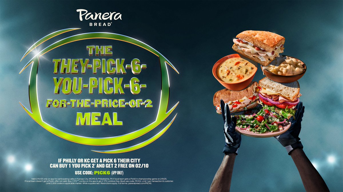 PHILLY!! KC!! keep your 👀 out for a Pick 6 this Sunday
 
learn more at panerabread.com/pick6