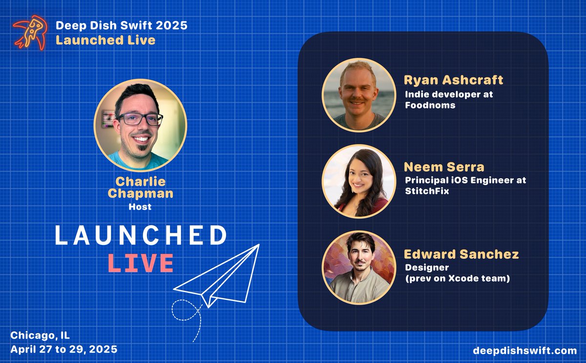 DeepDishSwift's tweet image. You all gave us some feedback last year...

1️⃣ You wanted a live panel
2️⃣ You thought @_chuckyc didn&apos;t work hard enough

Well... you got it!

Charlie will host @ryanashcraft, @TeamNeem, and @edwardsanchez on @LaunchedFM LIVE™️ on the Deep Dish stage 🎤🍕

See you on April 28th!