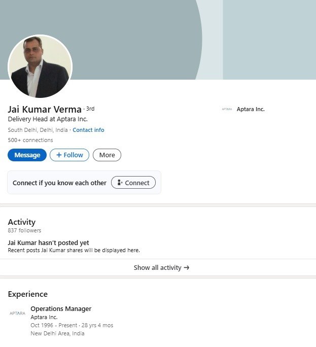 Avibharatiya's tweet photo. Hi @Aptara
1 of ur employee, Jai Kumar, @LinkedIn profile below, was brutally abusing a @adgpi rtd soldier just like an uncivilized uneducated person
Are these really the values people expect from a reputable organization like yours.
Really shameful, pathetic for a MNC like yours https://t.co/JDhlxHRNDI