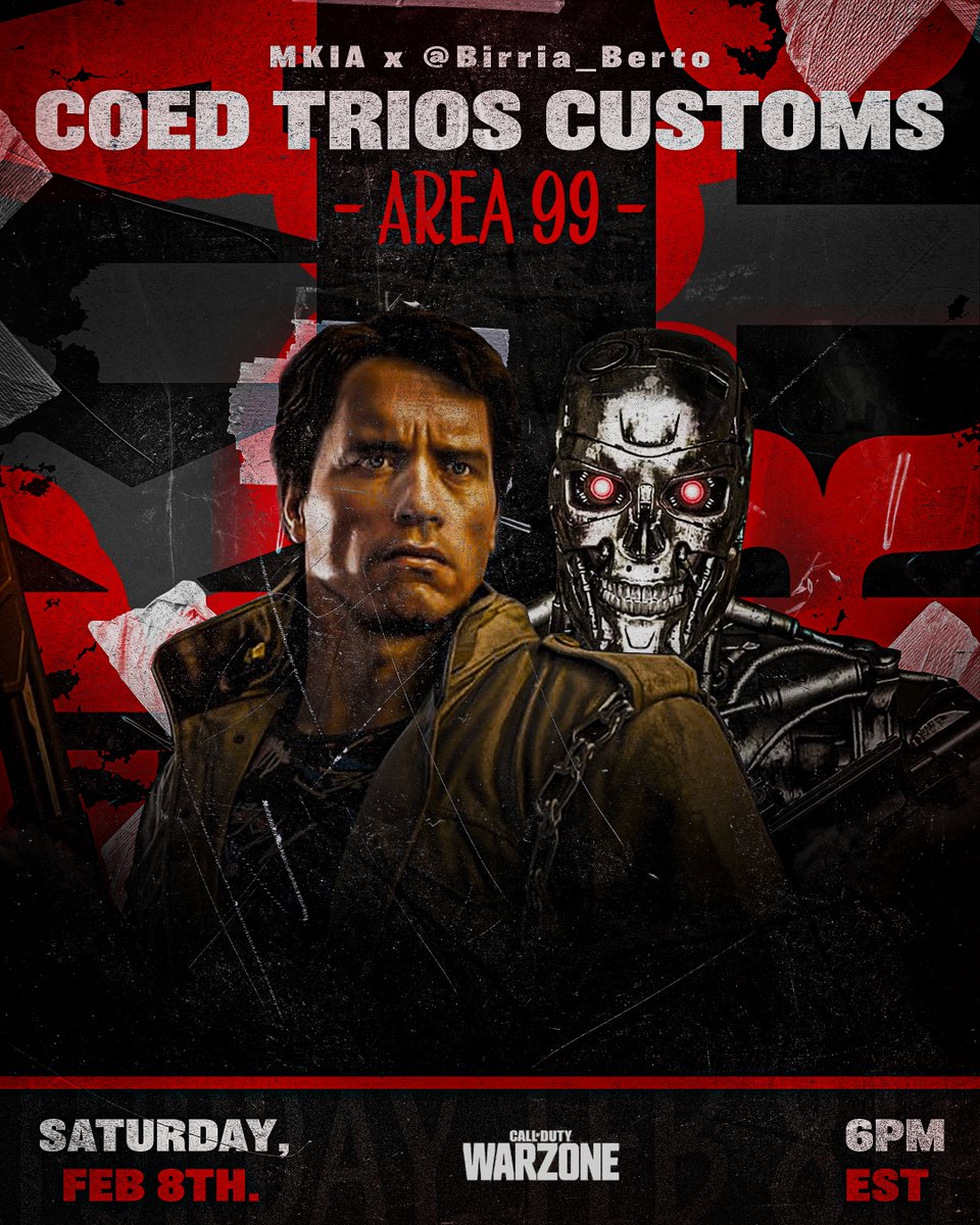 MKIA x <a href="/Birria_Berto/">Berto</a> $300 GTD Co-Ed Trios Customs Area 99 Kill Point 

👥14 Teams 
👤1 Female / 2 Males 
📅 Saturday, February 8th @ 6 EST
💰$300 GTD
🎟️$20 per player / $60 per team 

Spots are super limited - Please reply if you have a team ready to sign up. Retweets appreciated