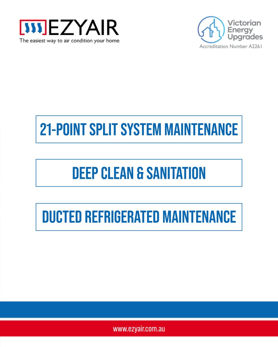 We offer the ultimate maintenance services to ensure your system runs like new, including our thorough 21-point split system check, deep clean and sanitation, and expert ducted refrigerated maintenance.  ezyair.com.au/?utm_content=s…
