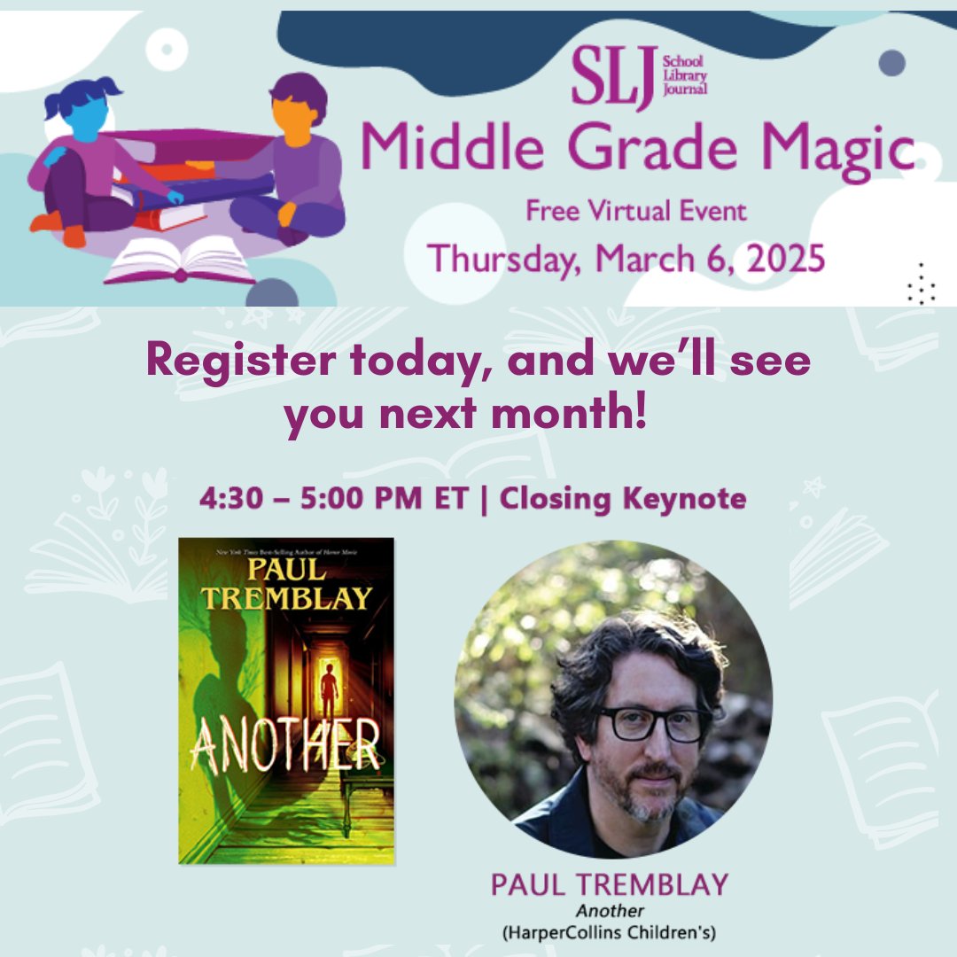 ✨📚 Join us for #MiddleGradeMagic on March 6th! Celebrate the best in middle-grade literature with sneak peeks of upcoming titles, live chats with authors, and fun giveaways! 🎉📖

Register now! 🔗hubs.la/Q035P18n0

#BookEvents #BookLovers #SLJ #YoungReaders #KidLit