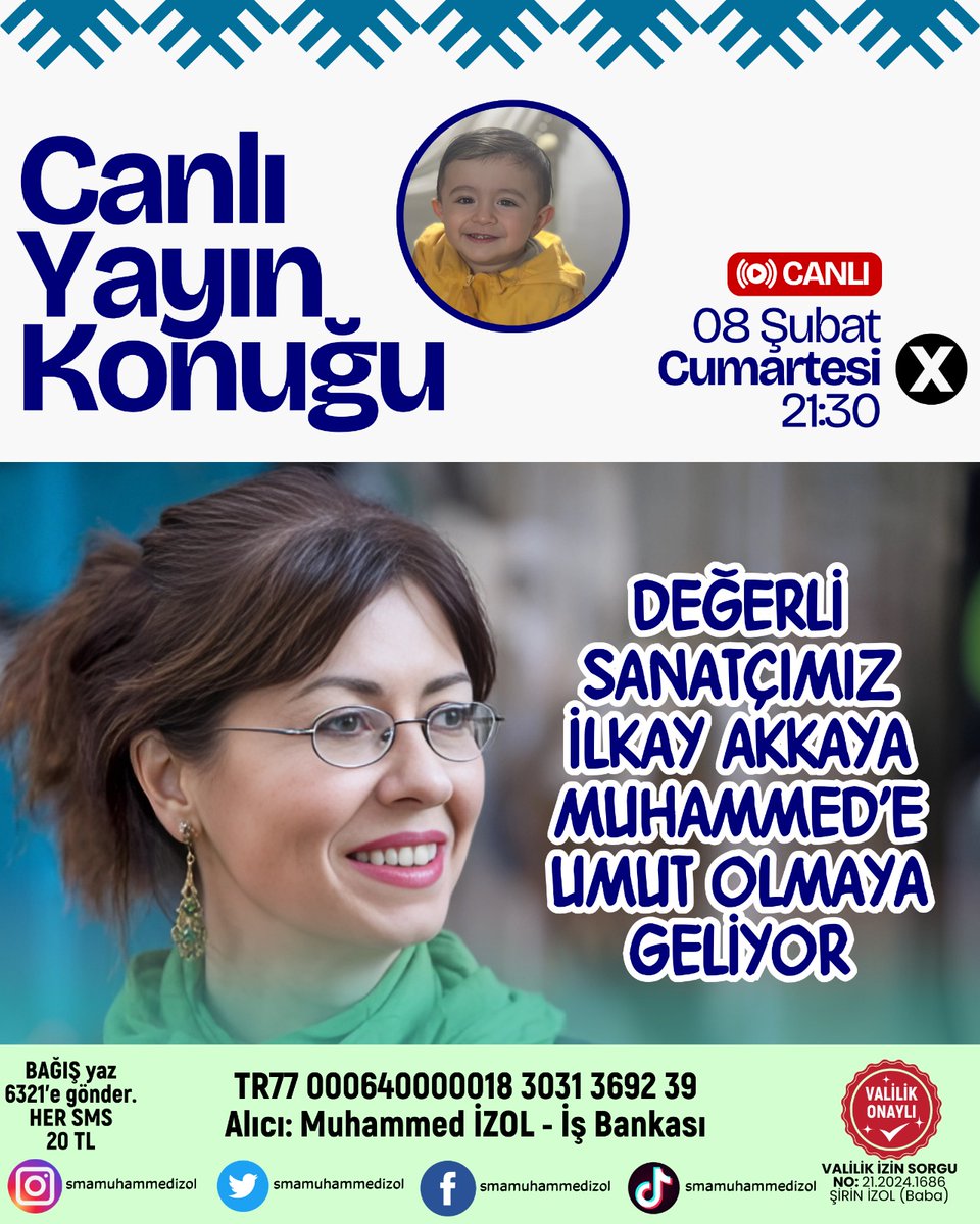Sevilen sanatçımız İlkay Akkaya, yarın akşam saat 21:30’da anlamlı bir dayanışma gecesinde Muhammed`e umut olmaya geliyor.

Muhammed’in yarınlara umutla bakabilmesi için atılan bu adıma desteğe herkesi yarın akşam bekliyoruz. Çünkü biliyoruz ki, birlik olursak her zorluk aşılır,