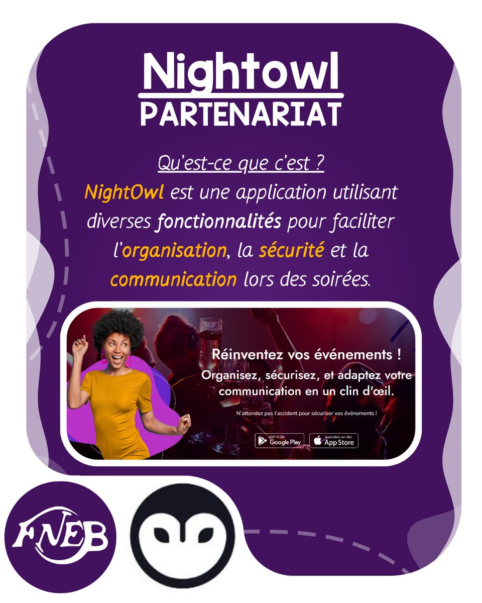 FNEBmono's tweet image. [🤝 PARTENARIAT – NIGHTOWL 🦉] 
Aujourd’hui, on présente notre nouveau partenariat avec NightOwl ! Une application qui va te permettre de mieux organiser vos soirées et de les rendre plus sécurisées.
–
#fnebmono #partenariat #nightowl #soiree #application