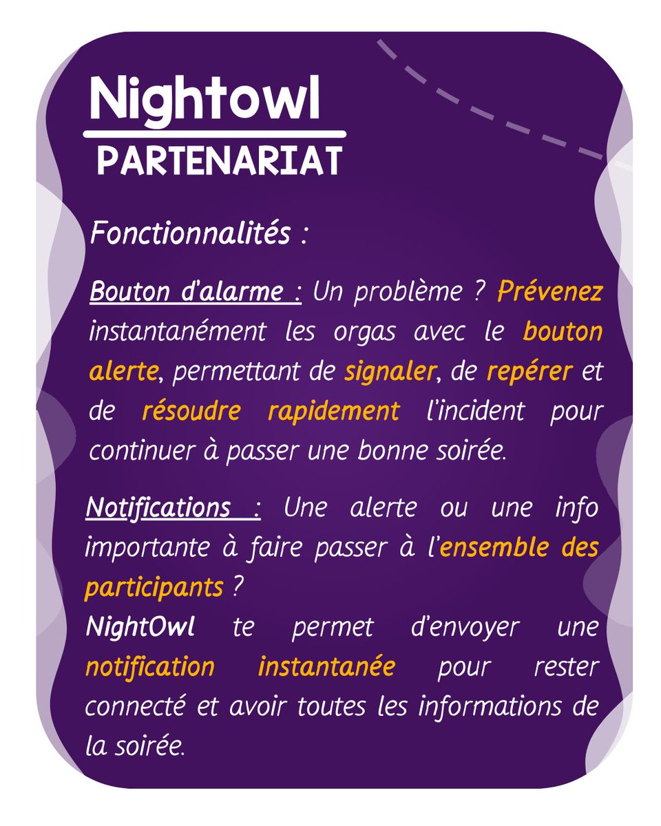 FNEBmono's tweet image. [🤝 PARTENARIAT – NIGHTOWL 🦉] 
Aujourd’hui, on présente notre nouveau partenariat avec NightOwl ! Une application qui va te permettre de mieux organiser vos soirées et de les rendre plus sécurisées.
–
#fnebmono #partenariat #nightowl #soiree #application
