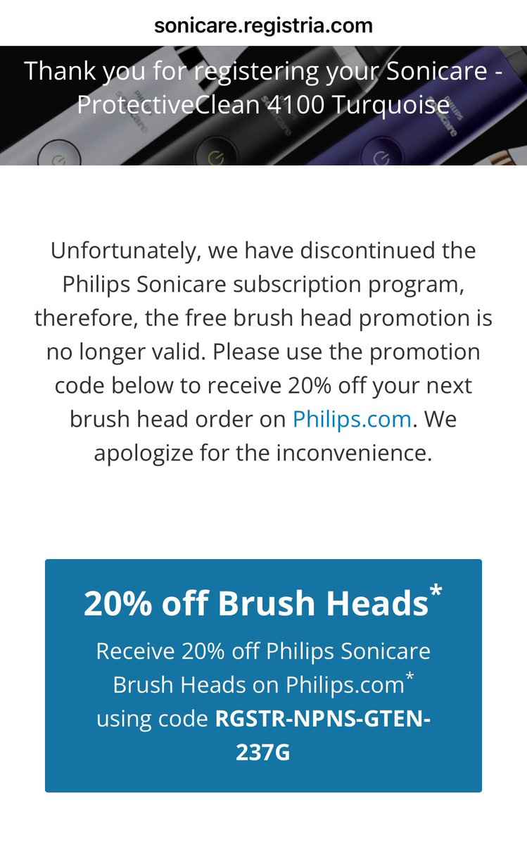 broncosluvr's tweet photo. @PhilipsSonicare it’s unfortunate that I had to fill out the entire form before finding out the program has been discontinued. Maybe put that as a disclaimer in the text message or on the registration screen? Thanks! https://t.co/NKaZh6nwMp