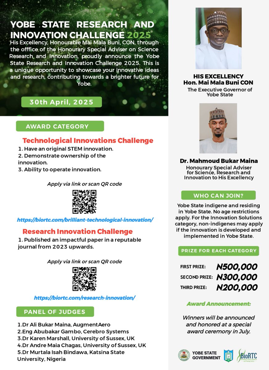 We are proud to host the #Yobe State Research &amp; Innovation Challenge 2025, which is now open to applications!  

First Prize: ₦500,000 
Second Prize: ₦300,000 
Third Prize: ₦200,000  

Deadline: 30th April 2025 
Apply now through biortc.com/opened-applica…