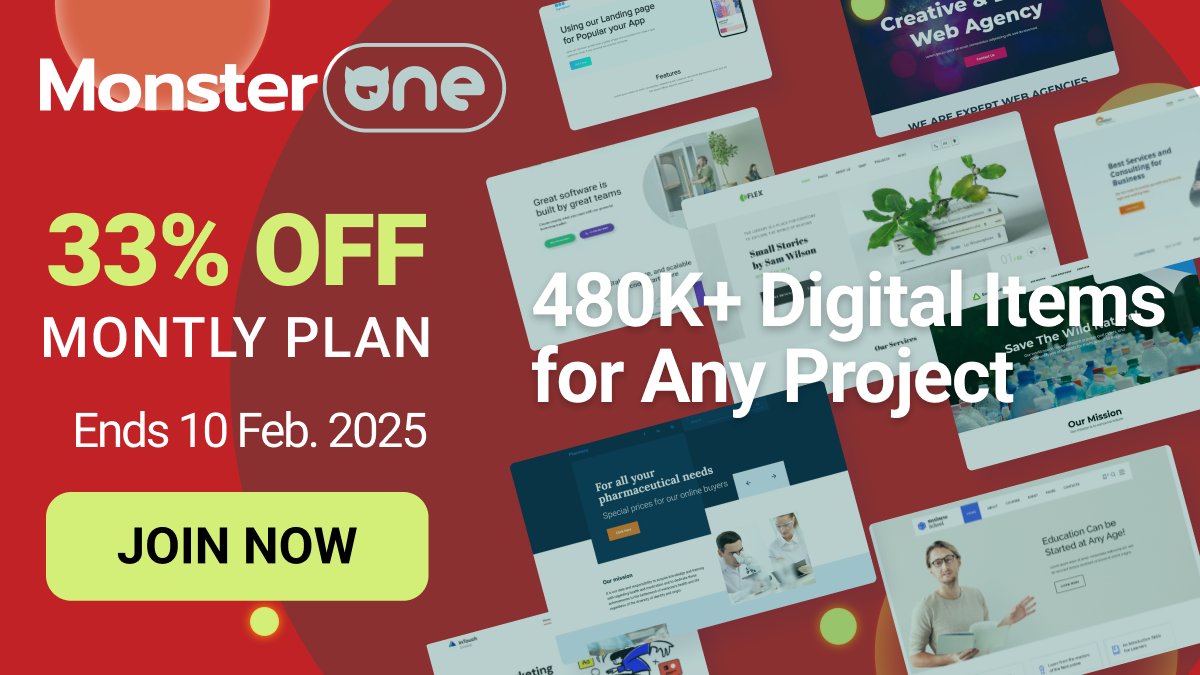 designerurme227's tweet photo. Monthly web template deals!🔥

✨ From web templates to graphics, get 480K+ items for LESS! 33% OFF!

📢Get an extra 10% OFF on any MonsterONE plan with the promo code [Webloverurme10] at checkout!

🔗 Subsribe Now: https://t.co/xauRWptYQi

#Webdesign #GraphicDesigner #MonsterONE https://t.co/eEqEsQiLN2