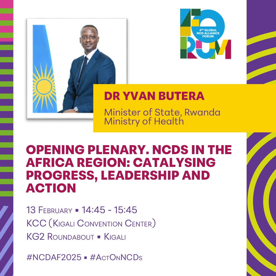 We are excited to announce that Dr Ivan Butera, <a href="/RwandaHealth/">Ministry of Health | Rwanda</a>, will be joining our opening plenary at the Global NCDA Forum (#NCDAF2025) on 13 February🎉

You can check out the official programme here 👉
forum.ncdalliance.org/programme/

The Global Forum is co-hosted with <a href="/RwandaNCDA/">Rwanda NCD Alliance</a> and