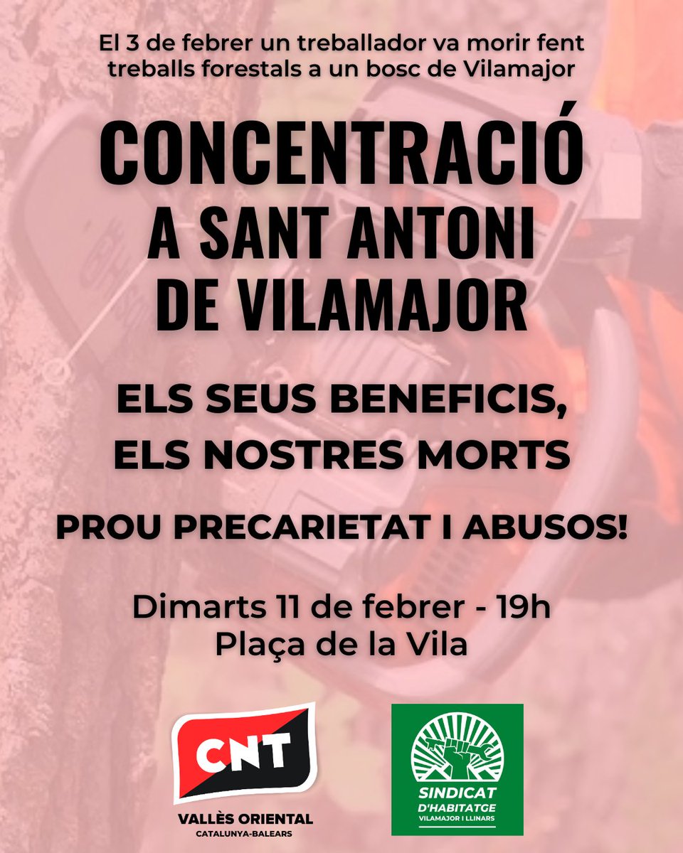 CNT Vallès Oriental (@cntvalles) on Twitter photo 📣 CONCENTRACIÓ A VILAMAJOR PER DENUNCIAR UN ALTRE ACCIDENT LABORAL A LA COMARCA
🗓️ Dimarts 11 de febrer - 19h
Convoquem: <a href="/CNTValles/">CNT Vallès Oriental</a> i <a href="/sindicatVLL/">Sindicat d'Habitatge de Vilamajor i Llinars</a>
Tota la informació:
granollers.cnt.es/2025/02/07/con… 📣 CONCENTRACIÓ A VILAMAJOR PER DENUNCIAR UN ALTRE ACCIDENT LABORAL A LA COMARCA
🗓️ Dimarts 11 de febrer - 19h
Convoquem: <a href="/CNTValles/">CNT Vallès Oriental</a> i <a href="/sindicatVLL/">Sindicat d'Habitatge de Vilamajor i Llinars</a>
Tota la informació:
granollers.cnt.es/2025/02/07/con…