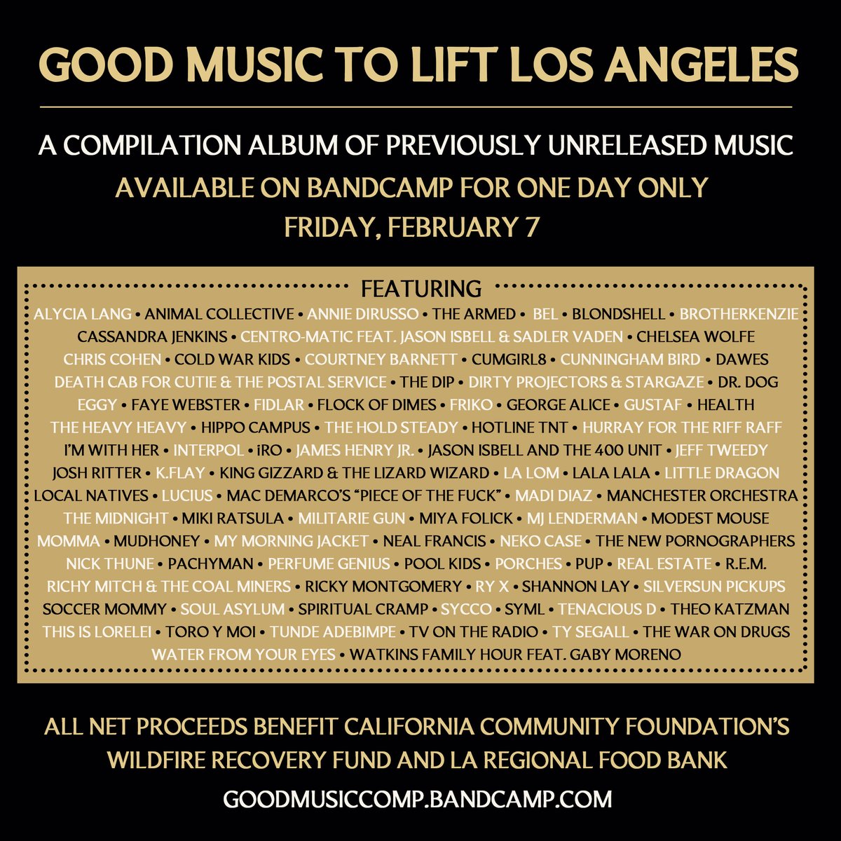 ‘Good Music to Lift Los Angeles’ is out TODAY ONLY on Bandcamp. So honored to be a part of this fundraising compilation record. All proceeds benefit @lafoodbank and <a href="/calfund/">CCF</a>. You have until midnight PT to get it! goodmusiccomp.bandcamp.com

Artwork by <a href="/cleonpeterson/">cleon peterson</a>