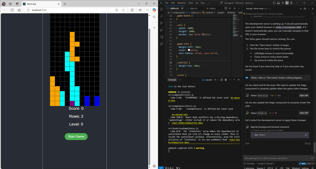 thinkrocksavi's tweet photo. Built my first Tetris game in ReactJs in 15 min with @windsurf_ai  and Claude 3.5 Sonnet together. Awesome! https://t.co/7IJiQBpTdN