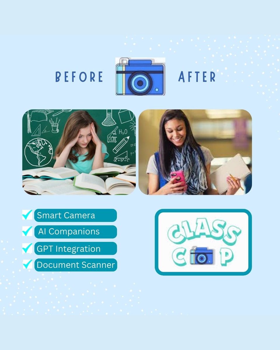 ClassC5762's tweet image. 🚀 From Stress to Success! 📚➡️📱 Let ClassCap transform your study experience with Smart Camera, AI Companions, GPT Integration, and Document Scanning! Say goodbye to study struggles and hello to effortless learning! ✨📖 

#ClassCap #StudySmart #AIForStudents #EdTech
