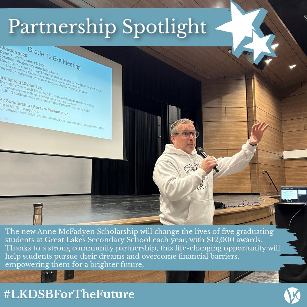 ⭐️ Exciting News for Graduating Students at GLSS! ⭐️

We’re thrilled to announce the Anne McFadyen Scholarship, an incredible opportunity for FIVE graduating students at Great Lakes Secondary School each year! 🎓💰

Thanks to an amazing community partnership, $12,000 awards will