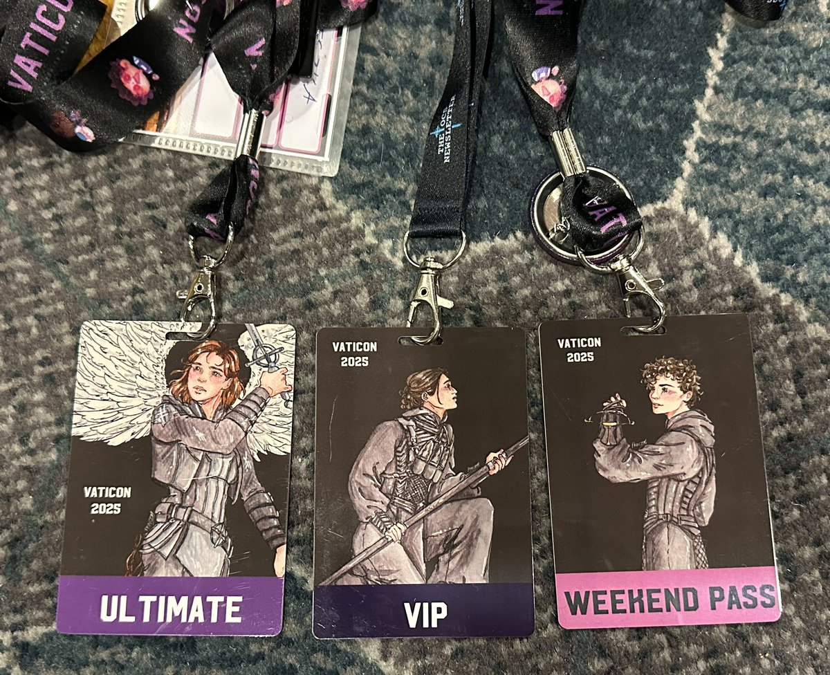 OCSNewsletter's tweet image. #WarriorNun #VatiCon poster for the Ultimate kickstarter backers and the badges for the convention. 
Badge artwork by @princington