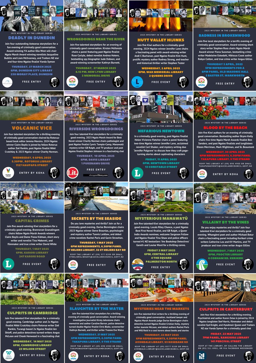 In 2015 we began holding free/koha library events across Aotearoa (some overseas). Four in 2015 

Overall, 90 events at 38 libraries with 200+ diff #yeahnoir storytellers in 8 seasons

Last year, 16 events
Here's the FIRST 16 for 2025
We're gonna shatter our record
So grateful