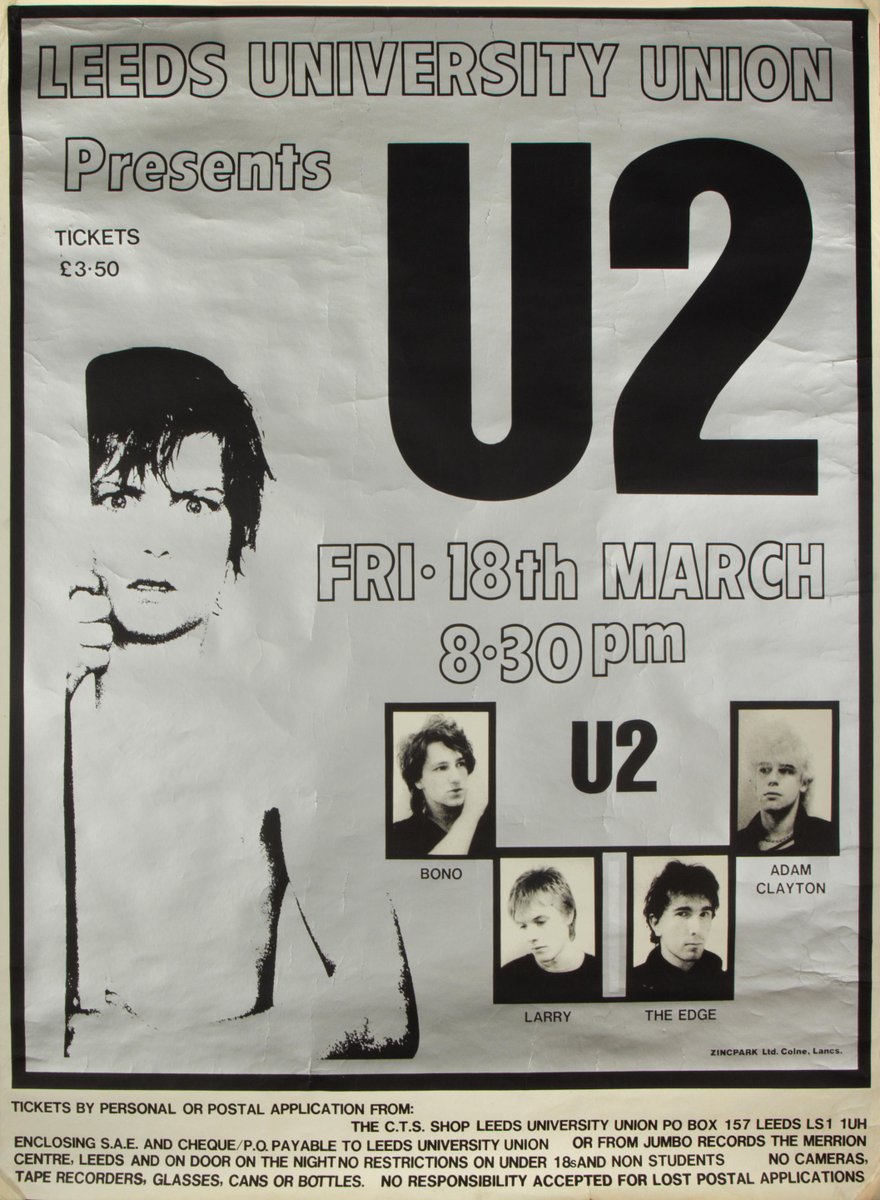 Poster for War tour show at <a href="/LeedsUniUnion/">Leeds University Union</a> in March 1983, 5 years to the day after winning the Limerick Civic Week talent show.