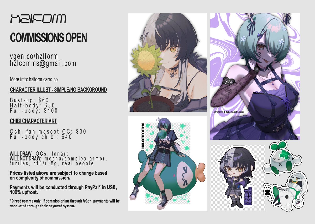 Starting today, I'll be offering the following character illustration services! You may submit requests directly through VGen or inquire via email. 🤍 + RTs are greatly appreciated! 🙇 #VGenOpen