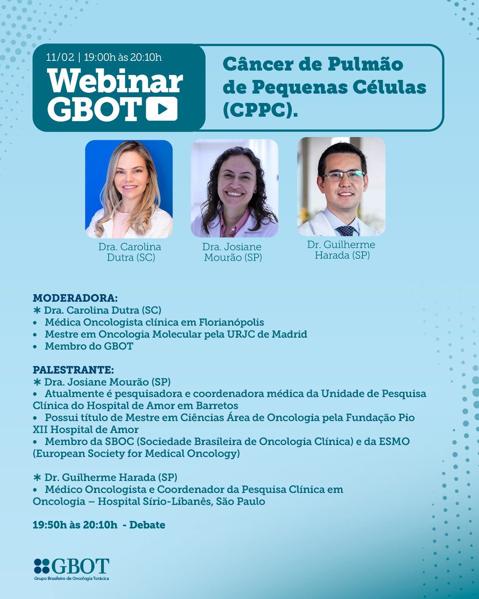 GBOT_Alerta's tweet image. Webinar GBOT: Câncer de Pulmão de Pequenas Células (CPPC). Participe!  Marque a data na sua agenda e aprenda com quem é destaque na área!
#GBOT #WebinarGBOT #CPPC #Oncologia #CâncerDePulmão