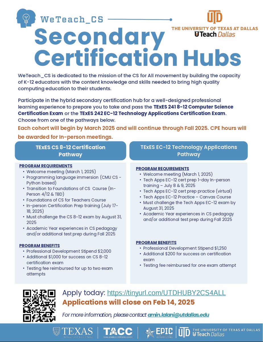 Susan F. Reeves (@susanfreeves) on Twitter photo In the #Dallas area and interested in expanding Texas Teacher certification to include either 8-12 Computer Science or EC-12 Tech Apps? Join the Computer Science Pipeline! Check out the cohort from #UTDallas! ?s Contact <a href="/aminmlalani/">Amin Lalani</a> #ComputerScience <a href="/weteachcs/">WeTeach_CS, weteachcs.bsky.social</a> #TCEA In the #Dallas area and interested in expanding Texas Teacher certification to include either 8-12 Computer Science or EC-12 Tech Apps? Join the Computer Science Pipeline! Check out the cohort from #UTDallas! ?s Contact <a href="/aminmlalani/">Amin Lalani</a> #ComputerScience <a href="/weteachcs/">WeTeach_CS, weteachcs.bsky.social</a> #TCEA
