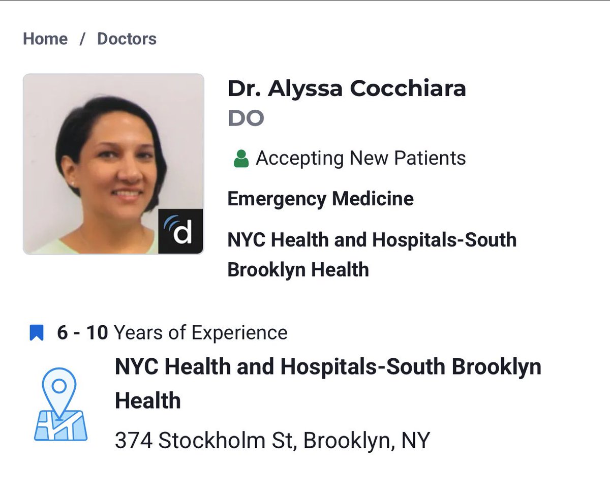 Dr. Alyssa Cocchiara is an ER Physician with <a href="/NYCHealthSystem/">NYC Health + Hospitals</a> (South Brooklyn Health).

Dr. Alyssa Cocchiara also takes to social media to compare Jews to Nazis and promote terrorists like plane hijacker Leila Khaled.

Are Jewish patients safe around Ms. Cocchiara?