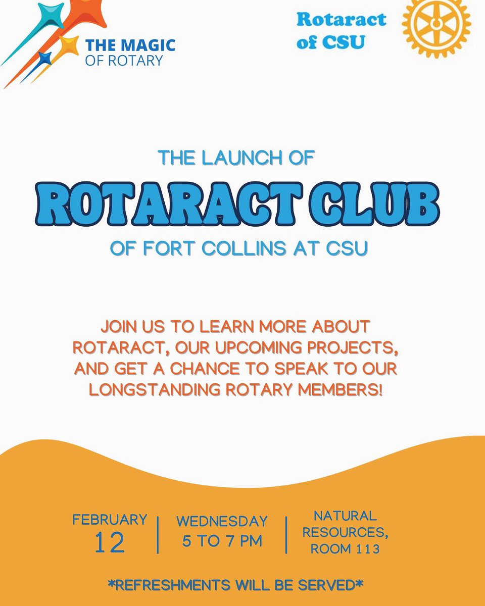 Hello everyone! 

You are invited to the official launch of the Rotaract Club of Fort Collins at CSU!  This is a fantastic opportunity to learn more about Rotaract, upcoming projects, and how you can get involved in leadership, networking, and community service.