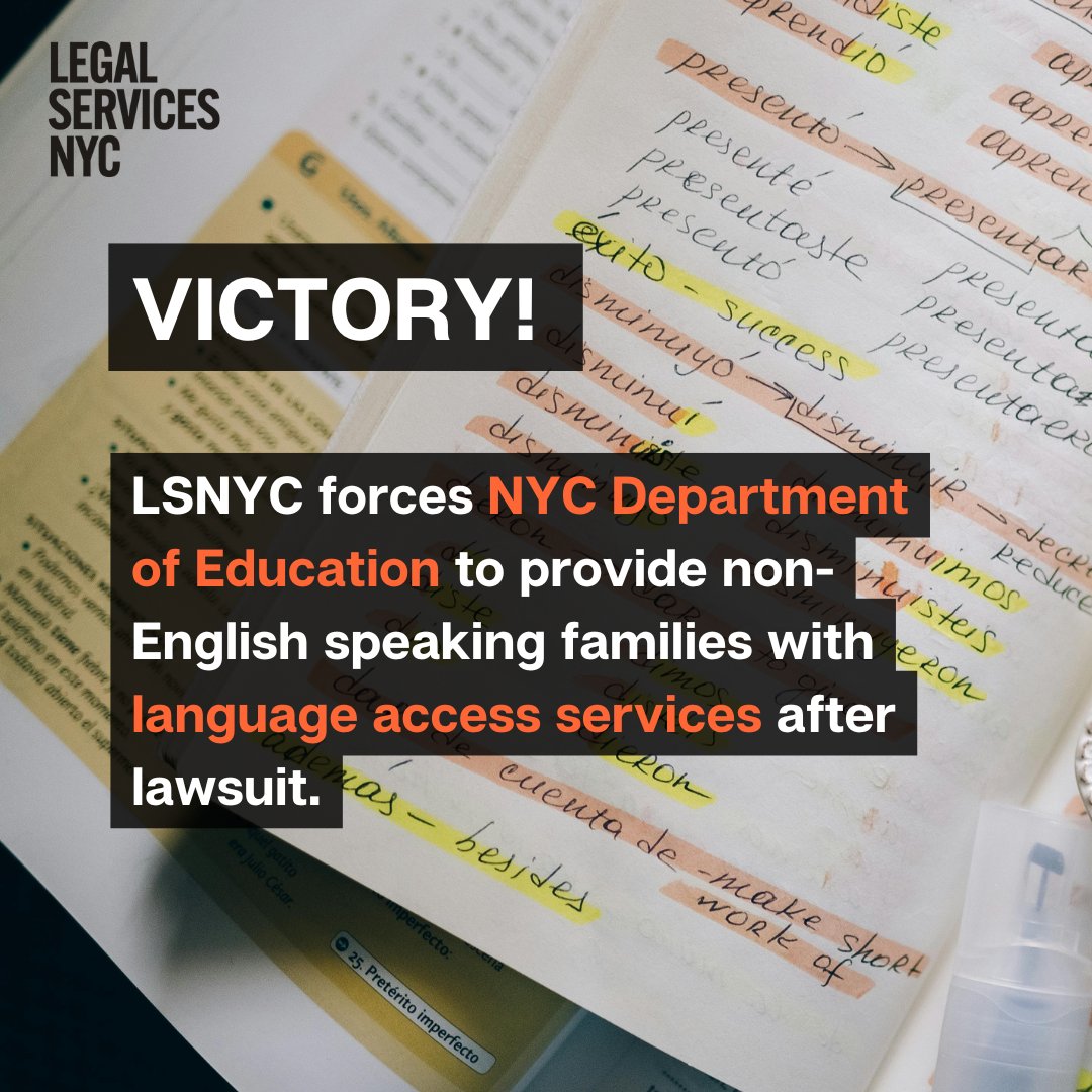VICTORY! Following a LSNYC lawsuit, NYC Public Schools are required to inform non-English speaking families of their right to interpretation &amp; translation, giving parents the chance to engage in their children's academic lives. Read more in <a href="/Chalkbeat/">Chalkbeat</a>: chalkbeat.org/newyork/2025/0…