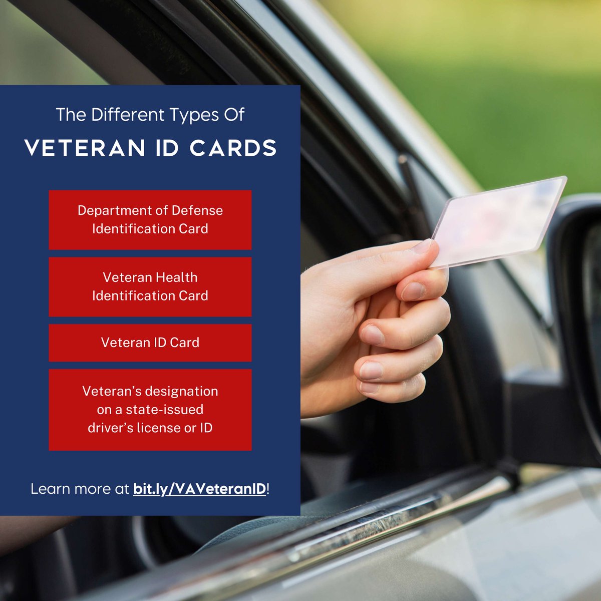 Did you know there are multiple ways to show proof of your Veteran status? Learn about the different types of VA ID cards and other identification options available to Veterans.

🔗 Find out more at bit.ly/VAVeteranID

#VeteransServiceOffice #ID #Veterans #VeteranAffairs