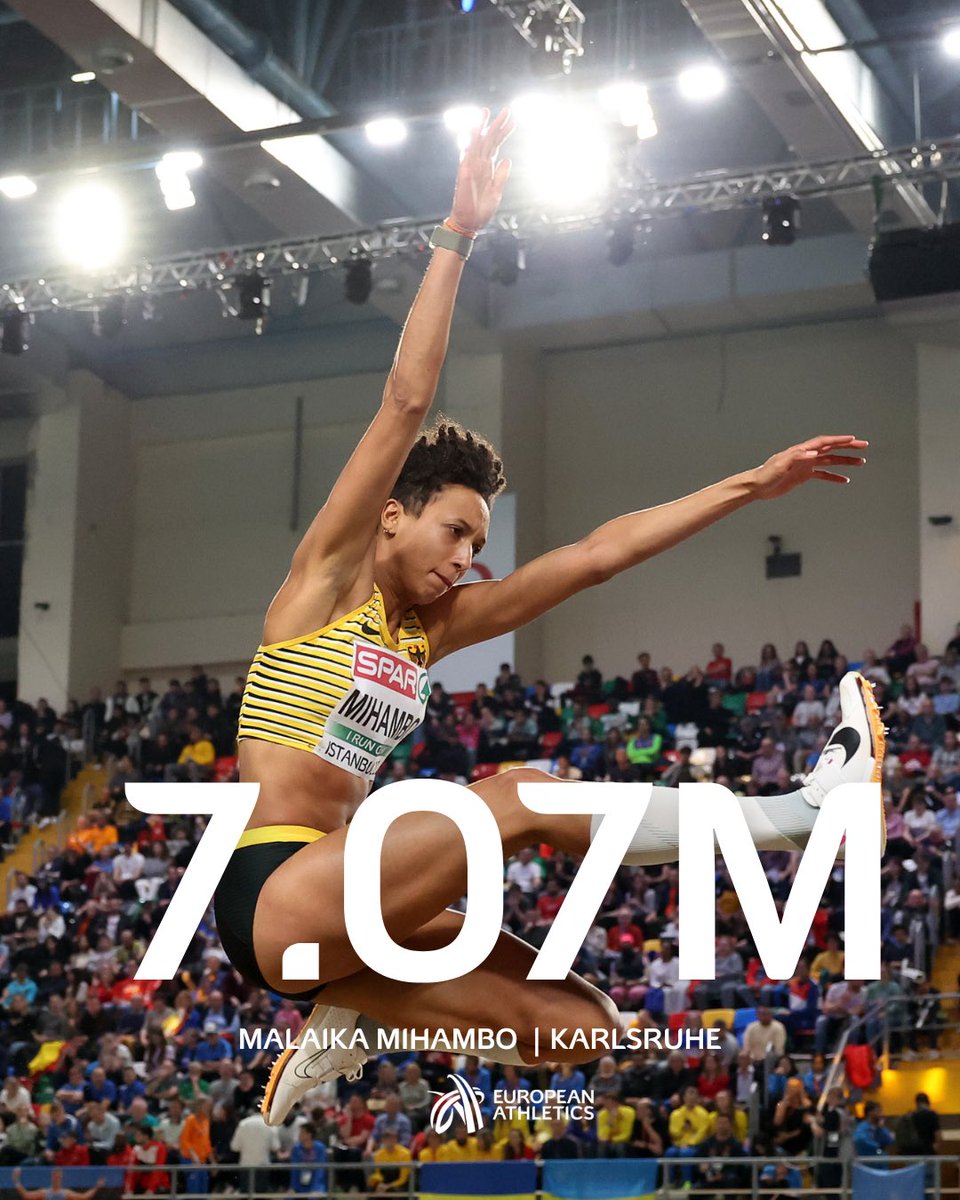 European Athletics (@euroathletics) on Twitter photo Oh, she’s back! 😮💨
Malaika Mihambo 🇩🇪 leaps out to a world lead of 7️⃣.0️⃣7️⃣m in the long jump in Karlsruhe! 🔥
That equals her best ever jump indoors!
#WorldIndoorTour Oh, she’s back! 😮💨
Malaika Mihambo 🇩🇪 leaps out to a world lead of 7️⃣.0️⃣7️⃣m in the long jump in Karlsruhe! 🔥
That equals her best ever jump indoors!
#WorldIndoorTour