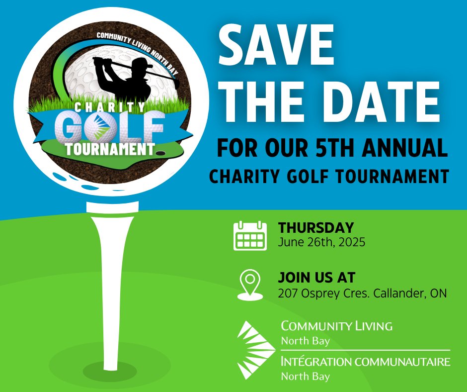 Save the Date! 🏌️‍♂️ The 5th Annual Community Living North Bay Charity Golf Tournament is June 26, 2025, at Osprey Links! ⛳ Swing for inclusion—proceeds support our Outcomes Fund, empowering people with disabilities. Tag your golf crew &amp; stay tuned! #CharityGolf #NorthBay