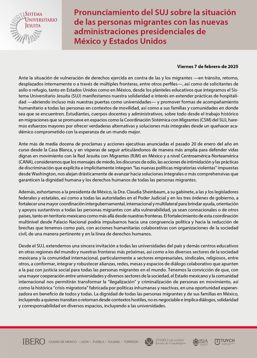 suj_contigo's tweet image. #ComunicadoSUJ 

Ante la situación de vulneración de derechos ejercida en contra de las y los migrantes, desde el #SUJ, manifestamos nuestra solidaridad e interés en extender prácticas de hospitalidad, que apunten a la paz con justicia social para todas las personas migrantes.