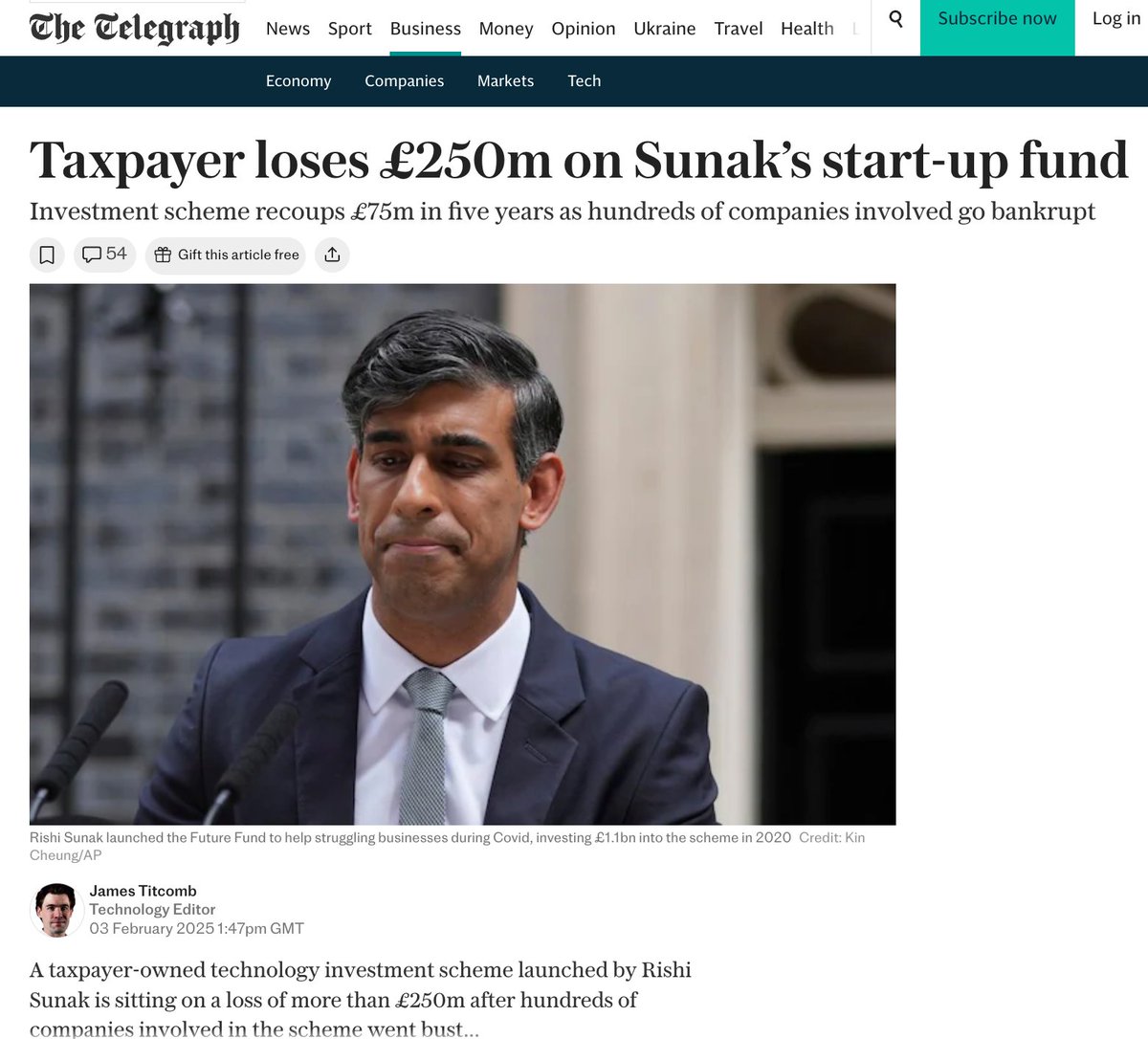 "Taxpayer loses £250m on Sunak’s start-up fund"

👀