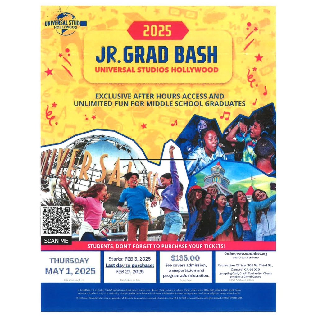 Hello  E.O.G 8th grade families.,
📢🎓🎟Tickets for  JR. GRAD BASH at Universal Studios Hollywood are on sale now. Please see the link for more information for the event and sales of ticket's🎟🎢.