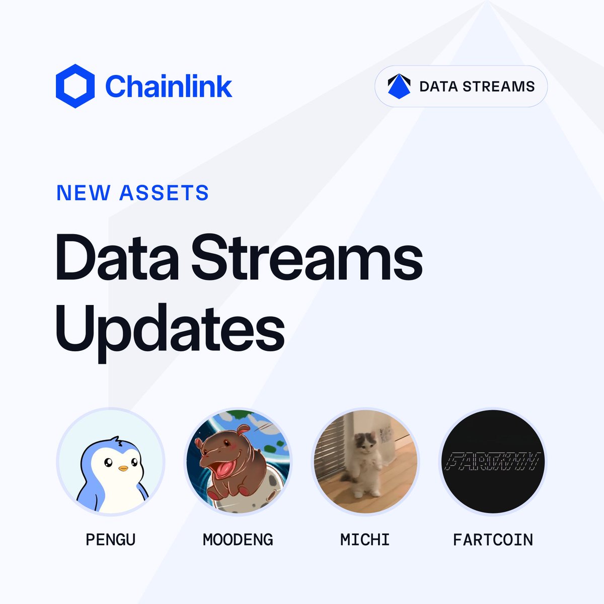 Chainlink (@chainlink) on Twitter photo New assets supported by the Chainlink standard for verifiable data ↓
• PENGU—<a href="/pudgypenguins/">Pudgy Penguins</a>
• MOODENG—<a href="/MooDengSOL/">Moo Deng | Fan Page</a>
• MICHI—<a href="/michionsolana/">michi</a>
• FARTCOIN—<a href="/FartCoinOfSOL/">Fartcoin💨</a>
Chainlink Data Streams—purpose-built for all.
data.chain.link/streams New assets supported by the Chainlink standard for verifiable data ↓
• PENGU—<a href="/pudgypenguins/">Pudgy Penguins</a>
• MOODENG—<a href="/MooDengSOL/">Moo Deng | Fan Page</a>
• MICHI—<a href="/michionsolana/">michi</a>
• FARTCOIN—<a href="/FartCoinOfSOL/">Fartcoin💨</a>
Chainlink Data Streams—purpose-built for all.
data.chain.link/streams
