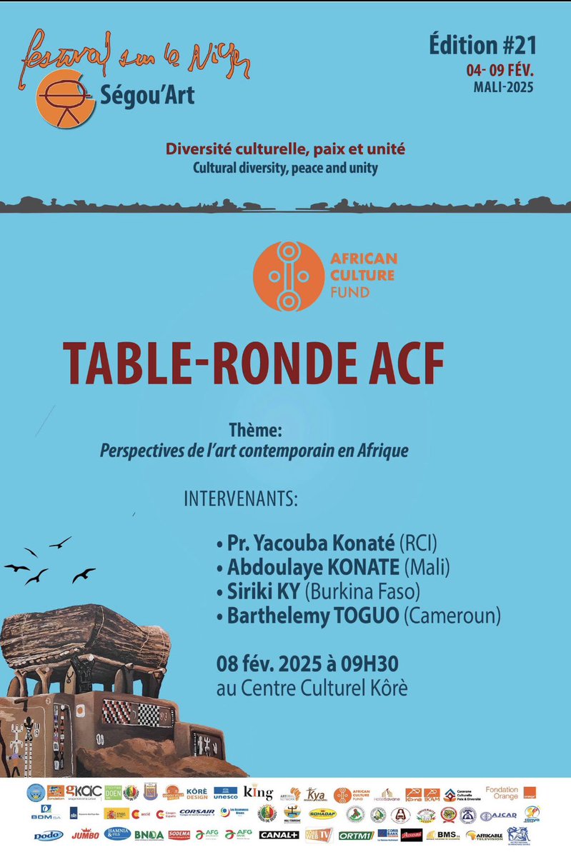 Ségou'Art

𝐀𝐂𝐓𝐔𝐀𝐋𝐈𝐓𝐄́
En marge du Festival sur le Niger, l’African Culture Fund organise une table ronde le samedi 8 février 2025  à 09h, au Centre Culturel Korè, autour du thème “𝑷𝒆𝒓𝒔𝒑𝒆𝒄𝒕𝒊𝒗𝒆𝒔 𝒅𝒆 𝒍’𝒂𝒓𝒕 𝒄𝒐𝒏𝒕𝒆𝒎𝒑𝒐𝒓𝒂𝒊𝒏 𝒆𝒏 𝑨𝒇𝒓𝒊𝒒𝒖𝒆”.