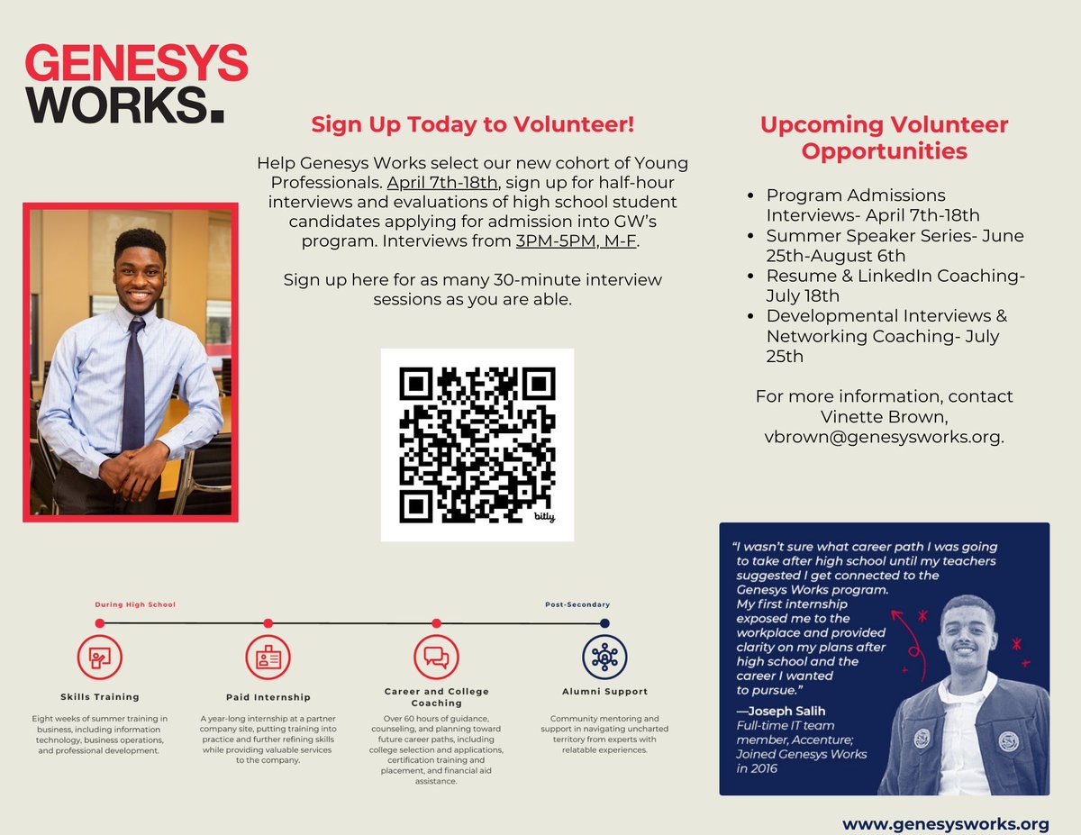 Genesys Works National Capital Region is currently recruiting our next class of Young Professionals. Sign up today to help us interview candidates for our Summer 2025 Training or contact us to learn more about our upcoming volunteer opportunities!