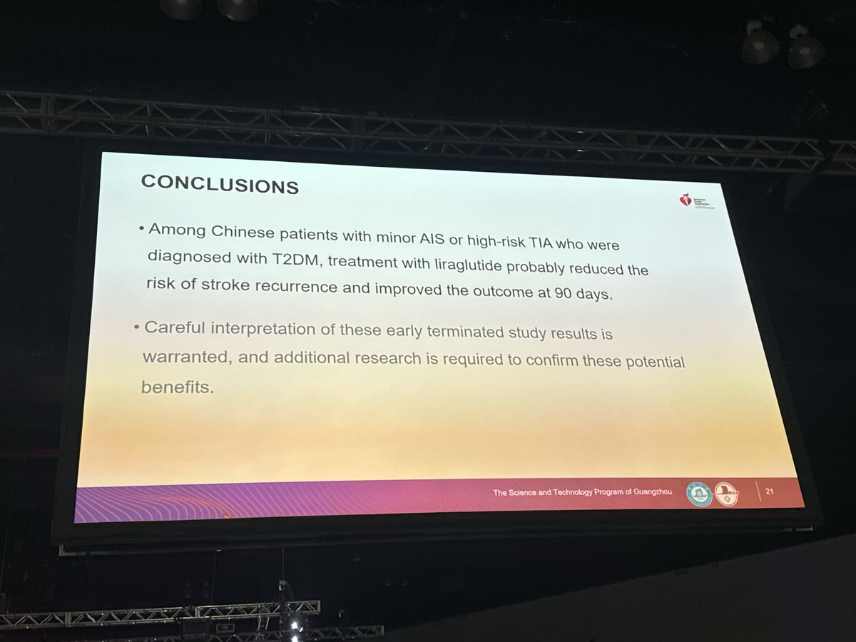 #ISC25 LAMP study evaluating liraglutide in high risk Tia or minor ischemic stroke with T2DM suggests benefit but is unfortunately underpowered due to early termination.  Need more followup studies.